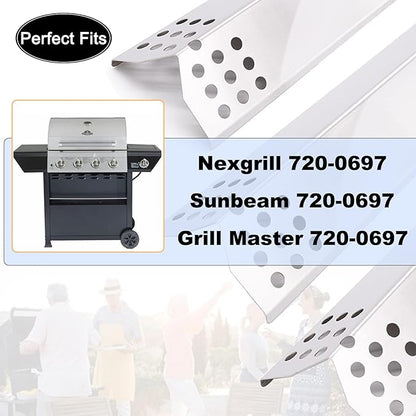 Yiming Grill Replacement Parts for Grillmaster 720-0697, Nexgrill 720-0697 and Sunbeam 720-0697 Gas Grill Models, Stainless Steel Heat Plate Tent Shields, Grill Burner Tubes Set, 4-Pack