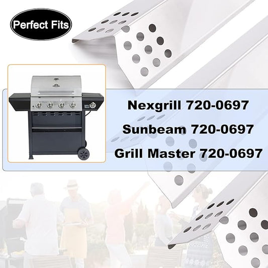 Yiming Grill Replacement Parts for Grillmaster 720-0697, Nexgrill 720-0697 and Sunbeam 720-0697 Gas Grill Models, Stainless Steel Heat Plate Tent Shields, Grill Burner Tubes Set, 4-Pack
