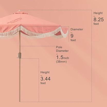 Tempera 9ft Auto Tilt Melon Red Scalloped Patio Umbrellas with Fringe, Outdoor Table Umbrellas with Fade Resistant Canopy,8 Sturdy Rids,Luxurious Vintage Umbrellas for Lawn,Pool,Balcony