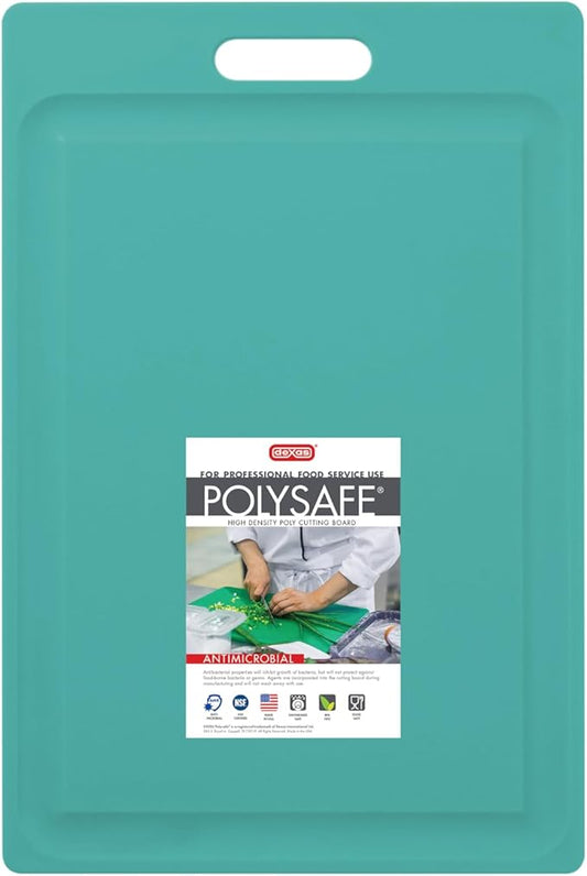 Dexas NSF Certified Polysafe Cutting Board with Handle and Juice Well, 12 x 18 inches, Reversible Kitchen Cutting Board, Teal Green