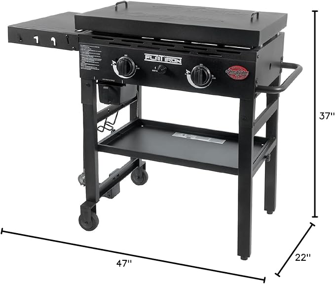Char-Griller® Flat Iron 2-Burner Propane Gas Flat-Top Griddle with Steel Griddle Top, Wind Guards and Removable Lid, 520 Cooking Square Inches in Black, Model 8128