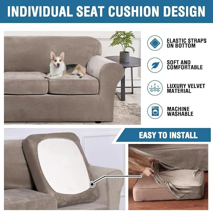 H.VERSAILTEX Modern Velvet Plush High Stretch Sofa Slipcover Furniture Protector Form Fit Luxury Thick Sofa Cover for 3 Cushion Couch, Machine Washable Width Up to 90 Inch (Sofa,Taupe), 4 Piece