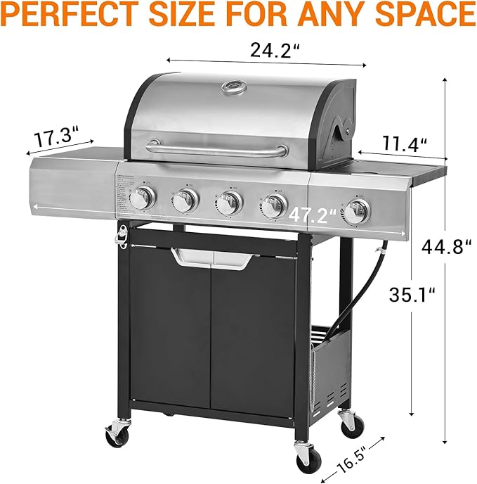 EUHOME Upgraded 51,000 BTU Stainless Steel Burner Barbecue Grill, 4 Burner BBQ Propane Gas Grill with Side Burner, 452 sq. in Cooking Area with Porcelain for Patio, Camping, Outdoor Cooking
