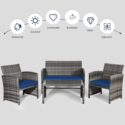 Tangkula 4 PCS Wicker Patio Conversation Set, Outdoor Rattan Sofas with Table Set, Patio Furniture Set with Soft Cushions & Tempered Glass Coffee Table for Poolside Balcony