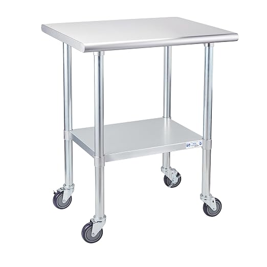 Profeeshaw Stainless Steel Table with Wheels 24x30 Inch, NSF Commercial Kitchen Prep & Work Table with Undershelf and Galvanized Legs for Restaurant, Bar, Utility Room and Garage Heavy Duty Table | Commercial Metal Workbench, with Undershelf, Heavy Dut...