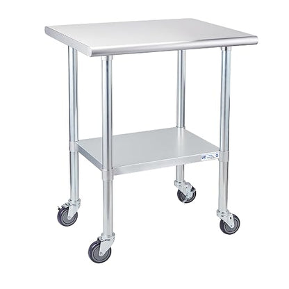 Profeeshaw Stainless Steel Table with Wheels 24x30 Inch, NSF Commercial Kitchen Prep & Work Table with Undershelf and Galvanized Legs for Restaurant, Bar, Utility Room and Garage Heavy Duty Table | Commercial Metal Workbench, with Undershelf, Heavy Dut...