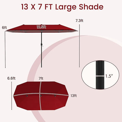 Tangkula 13 FT Large Patio Umbrella, Outdoor Double-Sided Table Market Umbrella w/Crank Handle, 12 Heavy-Duty Ribs, Sun-Protective Rectangular Twin Parasol for Garden Deck Lawn Poolside (Burgundy)