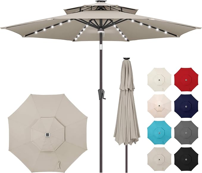 Solar Patio Umbrella Outdoor with Centre Light, 9 ft Taupe | 2 Tiers, 40 LED Lights, UV Protection, Solar Outdoor Umbrella for Porch, Deck, Pool, Garden, Provides Evening Lighting
