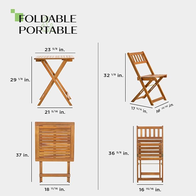 IDZO Heavy Duty 400lbs Capacity Patio Bistro Sets, 3 Piece Outdoor Folding Chairs with Cushions and Square Table, FSC-Certified Acacia Wood, Space-Saving Design for Balcony, Garden and Porch