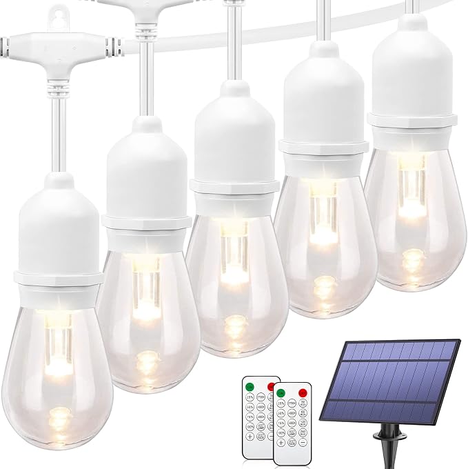 Mlambert 3-Color in 1 Dimmable Solar String Lights Outdoor, 48FT Patio String Lights with Remote and 15+3 Waterproof LED Bulbs for Bistro-White Cord