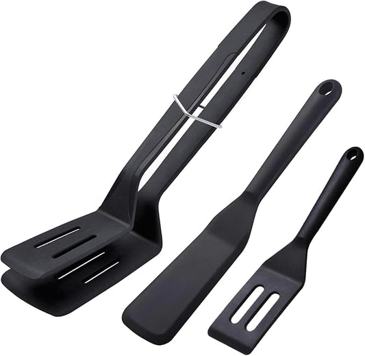 KIBBEH 3-Pack Silicone Slotted Spatula Set BBQ Clamp for Grilling | 3-pack silicone slotted spatula set, heat-resistant BBQ clamp for bread, steak, fish, salad, durable & non-stick