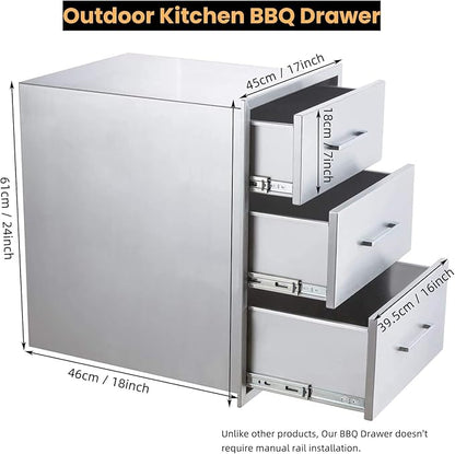 GarveeTech Outdoor Kitchen Drawers, 17x24 in Stainless Steel BBQ Drawer, Flush Mount Built-in 3-Drawer for Outdoor Kitchen Island & BBQ Islands, Silent, Fully Assembled, 17 in W x 18 in D x 24 in H