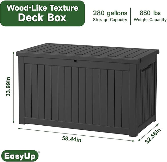 EasyUp 280 Gallon Deck Boxes Waterproof, Outdoor Large Storage Boxes with Lids, Outside Resin Storage Box & Deck Boxes for Patio, Garden Use(Black)