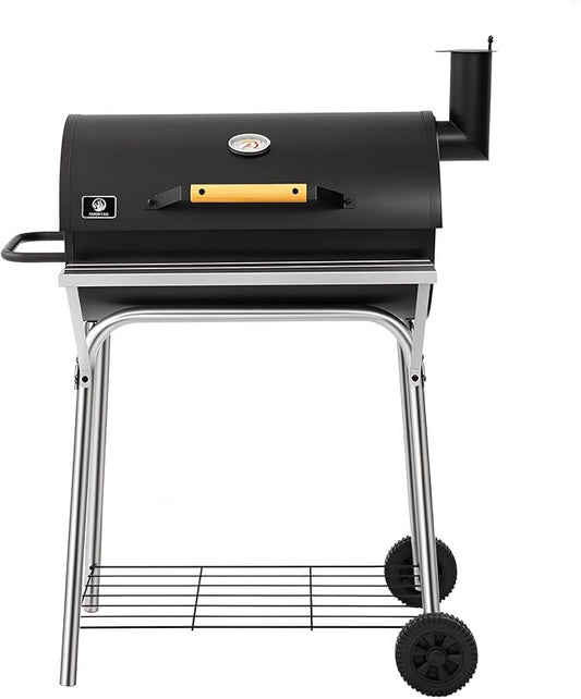 Barrel Charcoal Grill, Outdoor BBQ Smoker, 486 Sq. In. Cooking Area, Warming Rack & Adjustable Charcoal Pan, Front Table & Bottom Shelf, Enameled Steel Wire, Backyard, Patio, Camping(Middle)