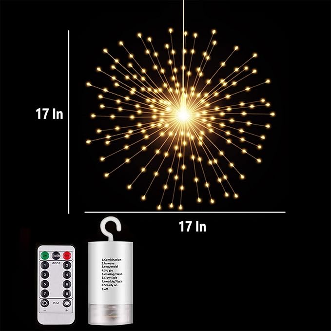 PXBNIUYA 200LED Hanging Sphere Lights, Battery Operated Starburst Lights, 8 Modes Dimmable Remote Control, Waterproof Copper Wire Fairy Light for Indoor Outdoor Christmas Decor (Warm White)