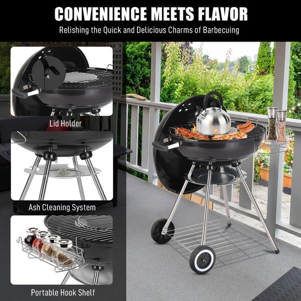 28-Inch Round Portable Barbecue Kettle Charcoal Grill with Wheels Storage, Porcelain-Enameled Lid and Ash Catcher & Thermometer, 28-Inch Portable Grill)