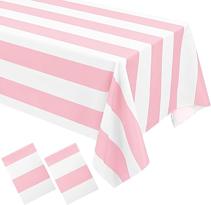 2 Pack Pink and White Striped Tablecloth Rectangle 60x84inch Polyester Fabric Washable Table Cloth for Afternoon Tea Birthday Party Picnic Barbecue Gathering Indoor Outdoor Dining Table Decor