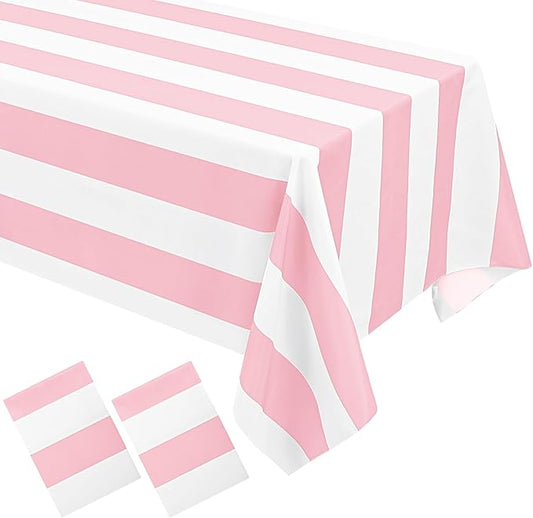 2 Pack Pink and White Striped Tablecloth Rectangle 60x84inch Polyester Fabric Washable Table Cloth for Afternoon Tea Birthday Party Picnic Barbecue Gathering Indoor Outdoor Dining Table Decor