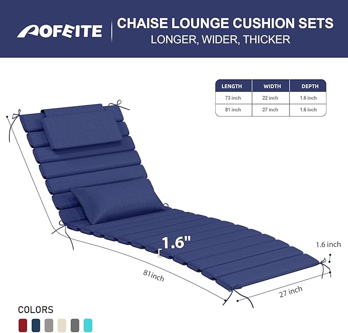 2PCS Outdoor Water-Resistant Olefin Chaise Lounge Cushions with Pillow, Weather and Fade Resistant Foldable Quilted Patio Reclining Lounger Chair Cushions with Straps, Dark Blue, 81"L x 27"W
