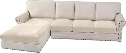 H.VERSAILTEX Velvet Stretch Sectional Couch Covers - 4 Piece Sofa Seat Cushions for L Shape Sectional Couch (Large 3 Seater + 1 Chaise, Ivory)