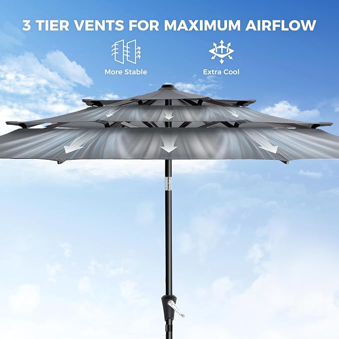 9FT 3-Tier Patio Umbrella, Vented Outdoor Market Table Umbrella | 5-year fade resistant commercial canopy with UPF50+ UV protection. Push button tilt & crank for pool, backyard, deck shade