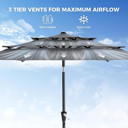 9FT 3-Tier Patio Umbrella, Vented Outdoor Market Table Umbrella | 5-year fade resistant commercial canopy with UPF50+ UV protection. Push button tilt & crank for pool, backyard, deck shade