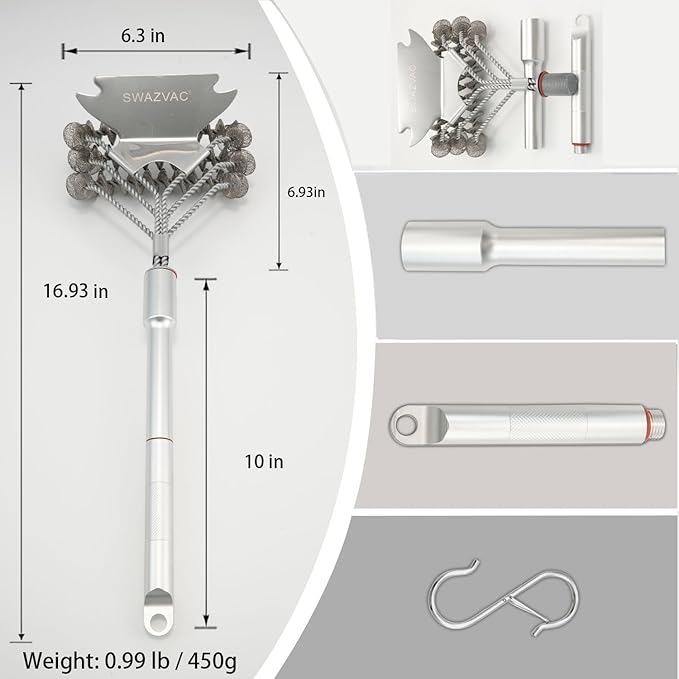 Stainless Steel BBQ Grill Brush with Detachable Aluminum Handle The Combination of the Coiled Wire Brush and the Sturdy Scraper, Bristle Free Detachable Design for Easy Storage