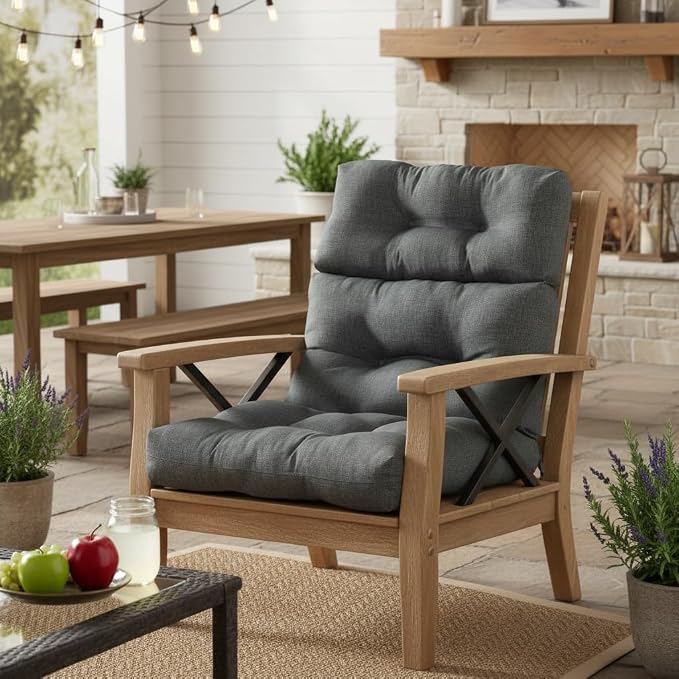 Outdoor Tufted High-Back Chair Cushions, One-Piece Hinged Seat and Back Design, Reversible with 4 Ties, Durable Polyester Fabric, Recycled Fiber Fill - Single, Carbon