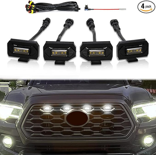 White Grille Lights For Toyota Tacoma TRD Off Road and TRD Sport 2020-2022 4Pcs Smoked Shell LED Front Grill Light with Wire Harness And Fuse