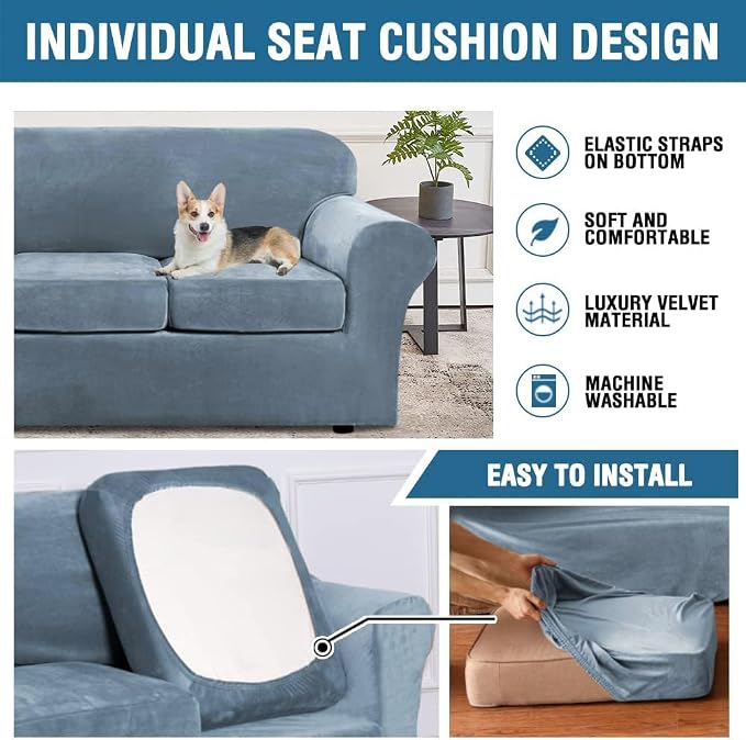 H.VERSAILTEX High Stretch Sofa Slipcover 4 Piece Cover Velvet Furniture Protector Form Fit Thick Velvet Extra Large Sofa Cover for 3 Cushion Couch Width Up to 97 Inch (Large Sofa, Stone Blue)