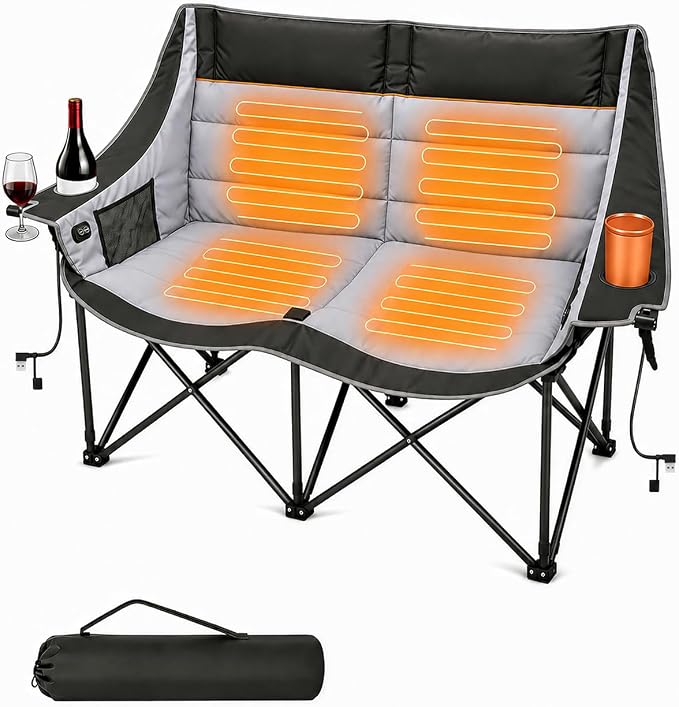 HOPERAN Heated Double Camping Chair, 660lbs 3 Heat Levels Camping Loveseat | 4 Heating Zones, 58" Seat, Padded Camp Couch, 600D Fabric, Cup & Wine Glass Holder, Side & Rear Pocket, Campfire Lawn Patio