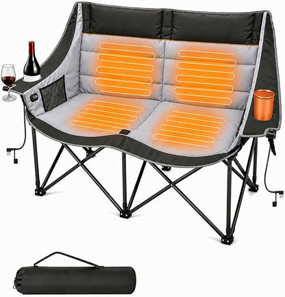 HOPERAN Heated Double Camping Chair, 660lbs 3 Heat Levels Camping Loveseat | 4 Heating Zones, 58" Seat, Padded Camp Couch, 600D Fabric, Cup & Wine Glass Holder, Side & Rear Pocket, Campfire Lawn Patio