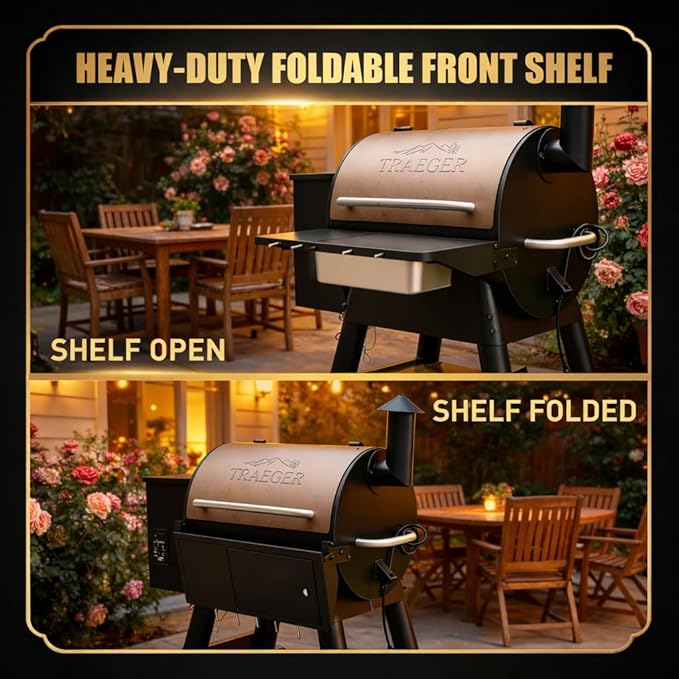 QuliMetal Folding Front Shelf for Traeger Pro 22, Pro 575, Ironwood 650, BAC362, Grill Front Table with Cutting Board, Wash Basin, Lid & 5 Hooks, Steel BBQ Prep Shelf for Food Prep and Storage