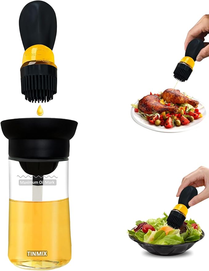 Oil Dispenser with Brush - Glass Olive Oil Dispenser Bottle with Silicone Basting Brush for Kitchen Cooking Vinegar Frying Baking, T-OB21S, Black