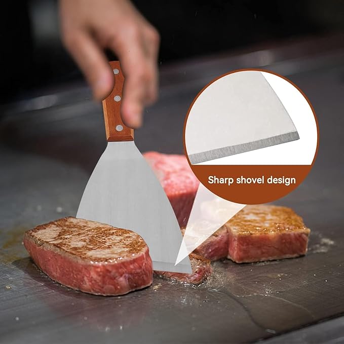 2PC Grill Griddle Spatula Scraper Stainless Steel Blade Barbecue Cooking Grill