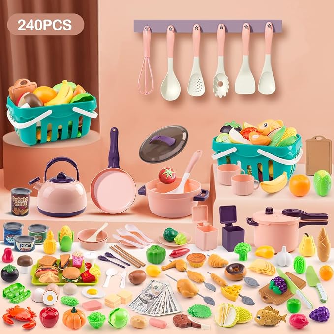240Pcs Kids Mini Play Kitchen Accessories, Play Pans, Pots, Cookware with Desserts, Cuttable Veggies & BBQ Set & Storage Basket, Prop Money, Learning Gift for Child，Toddlers, Child, Pink