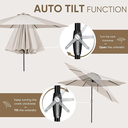 Tempera Patio Market Outdoor Table Umbrella with Auto Tilt and Crank, Large Sun Umbrella with Sturdy Pole & Fade Resistant Canopy, Easy to Set