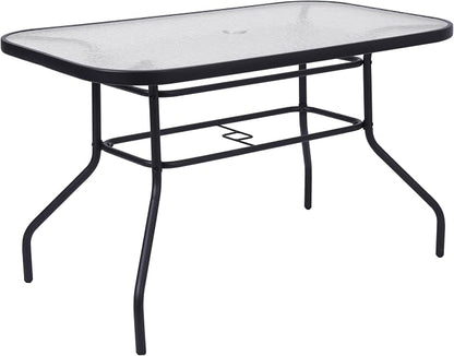 Flash Furniture Commercial 27.5x47.25 in Steel Patio Table, Black | Tempered Glass Top with Umbrella Hole