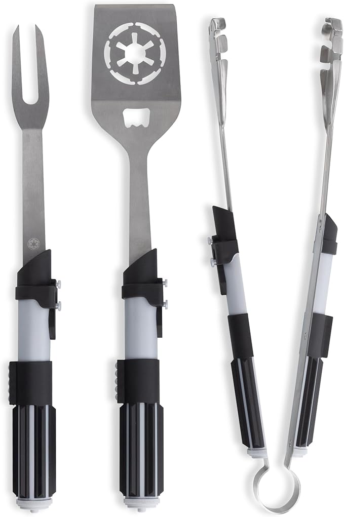 Picnic TIME Star Wars Darth Vader BBQ 3 Pcs Grill Tool Set with Case, Stainless Steel Barbecue Utensils, Saber Handle Tongs Fork Spatula with Bottle Opener, Portable Canvas Roll Up Case, (Black)