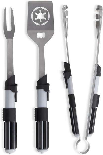 Picnic TIME Star Wars Darth Vader BBQ 3 Pcs Grill Tool Set with Case, Stainless Steel Barbecue Utensils, Saber Handle Tongs Fork Spatula with Bottle Opener, Portable Canvas Roll Up Case, (Black)