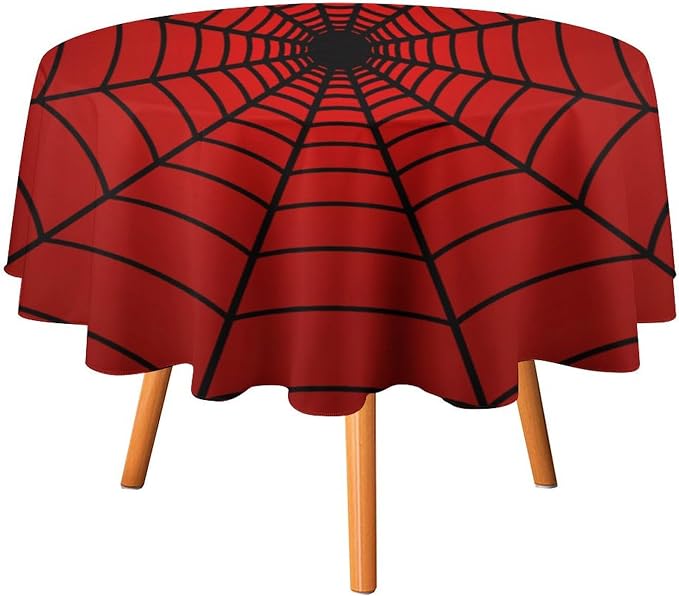 Spider Web Heros Tablecloth, Black Spiderweb Red Cobweb Circle Water Resistant Wipeable Table Cover for Picnic Party Holiday Kitchen Dinner Table 36"