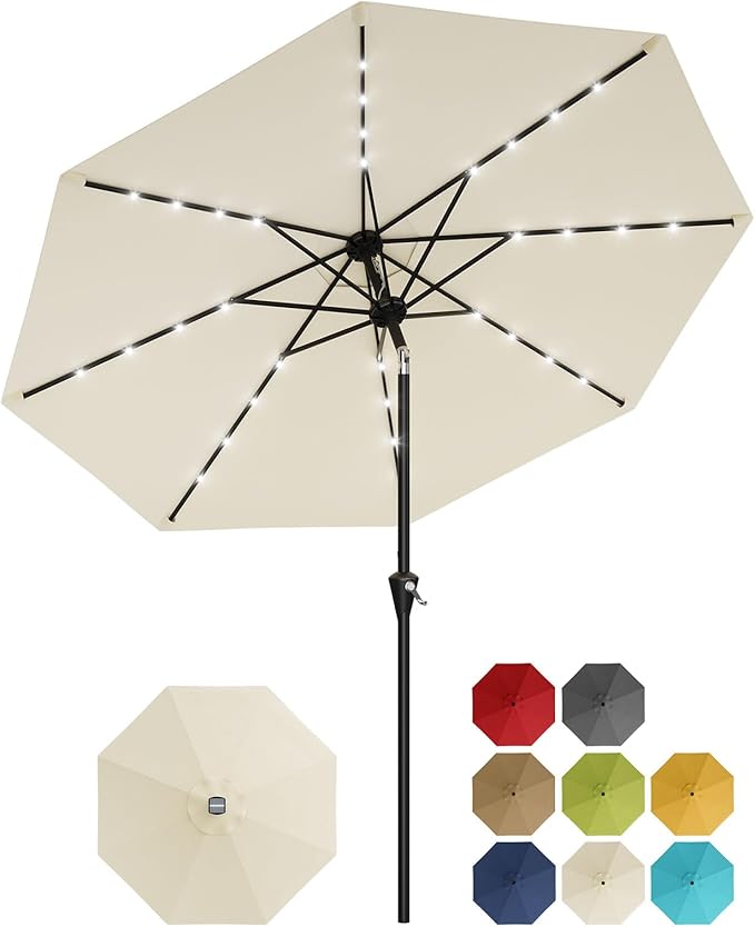 Garvee 10FT Solar Patio Umbrella with 32 LED Lights - Outdoor Table Umbrella with Crank Lift, Push Button Tilt and 8 Sturdy Ribs - Market Umbrella UV Protection for Pool, Deck, Yard, Garden -Beige