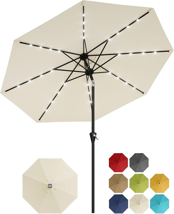 Garvee 9FT Solar Patio Umbrella with 32 LED Lights - Outdoor Table Umbrella with Crank Lift, Push Button Tilt and 8 Sturdy Ribs - Market Umbrella UV Protection for Pool, Deck, Yard, Garden -Beige