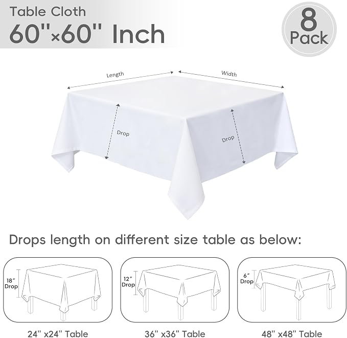 8 Pack White Square Tablecloth 60 x 60 Inch | Wrinkle Resistant, Washable, Polyester Fabric, Square Table Cloth for Dining Party Banquet Buffet Wedding