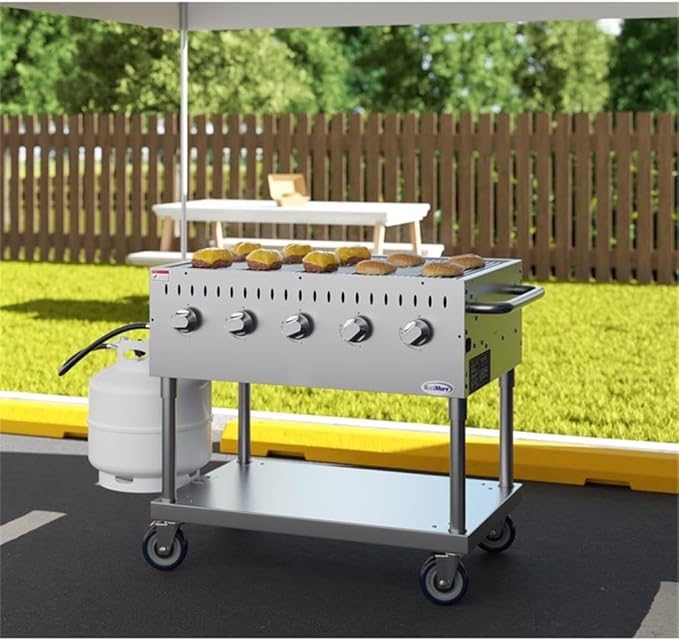 Pemberly Row 36" Commercial Mobile Outdoor Propane BBQ Grill, Stainless Steel Flat Top with 5 Burners, Heavy Duty Rolling Griddle