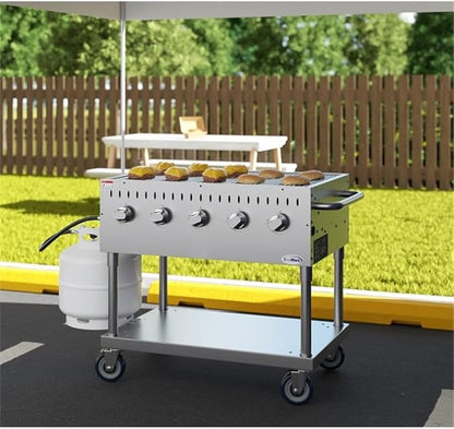 Pemberly Row 36" Commercial Mobile Outdoor Propane BBQ Grill, Stainless Steel Flat Top with 5 Burners, Heavy Duty Rolling Griddle
