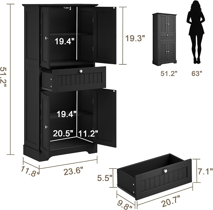 ChooChoo 51" H Bathroom Floor Cabinet with Drawers and Adjustable Shelves | Bathroom Storage Cabinet, Freestanding Kitchen Pantry Cupboard with 4 Doors for Living Room, Black