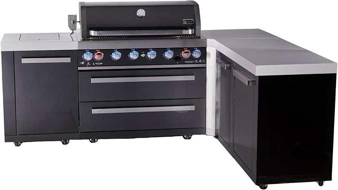 Mont Alpi 94"W x 75"D Black Stainless Steel L-shaped Modular Outdoor Kitchen Island + Rotisserie & Side Burners + 44"W 6-Burner BBQ Gas Grill + White Granite Countertops + Storage Cabinets & Drawers