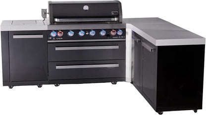 Mont Alpi 94"W x 75"D Black Stainless Steel L-shaped Modular Outdoor Kitchen Island + Rotisserie & Side Burners + 44"W 6-Burner BBQ Gas Grill + White Granite Countertops + Storage Cabinets & Drawers