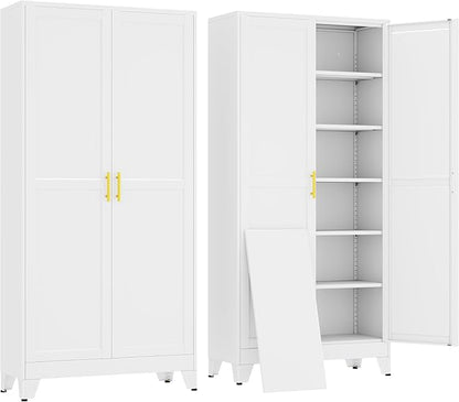 erosoei 75" H Large Metal Garage Storage Cabinet, Metal Pantry Cabinet with 2 Doors, Locker Steel Cabinet with 5 Adjustable Shelves, Freestanding Cupboard for Garage,Office,Home,Gym,School